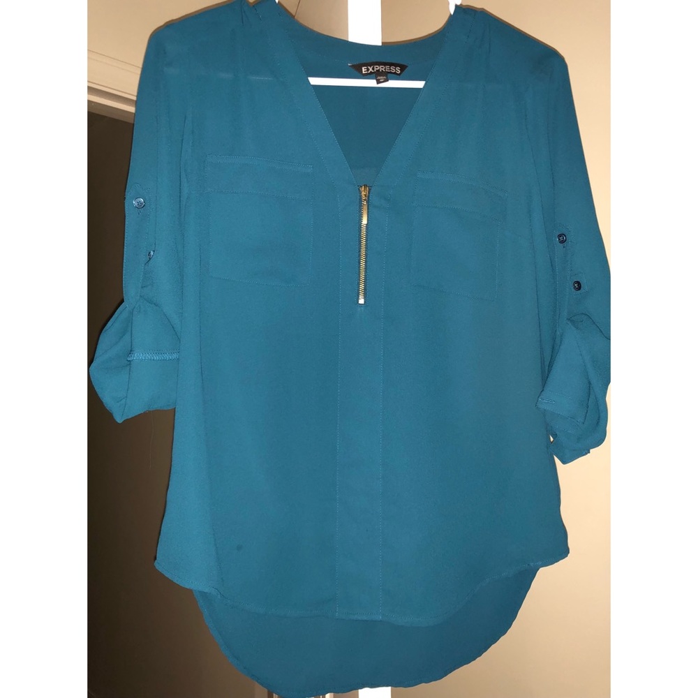 Teal Express blouse with zipper and pocket detail